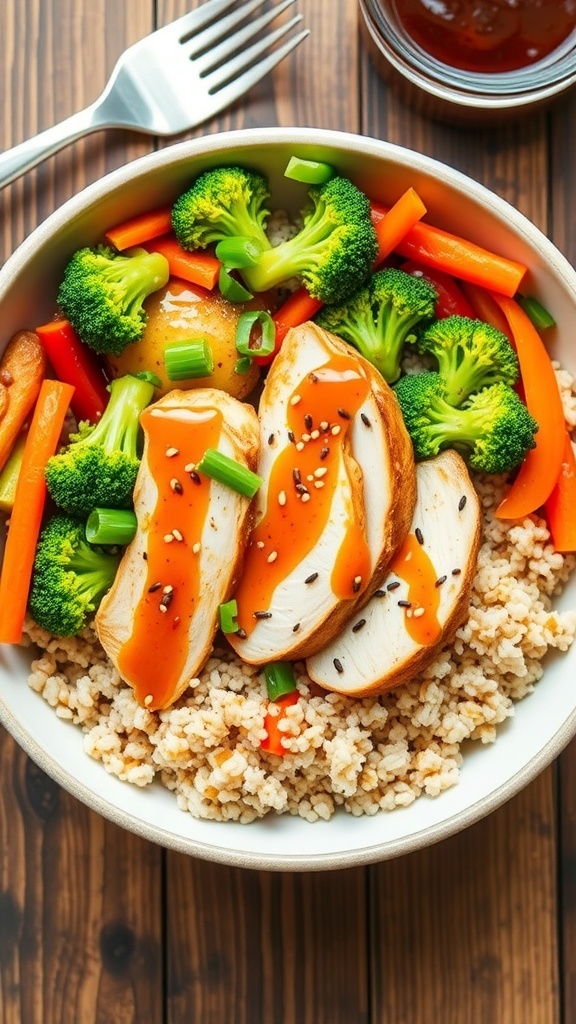 A colorful bowl of honey garlic chicken quinoa with stir-fried vegetables, garnished with green onions and sesame seeds.